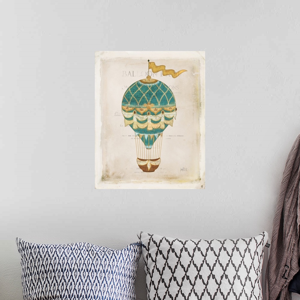 A bohemian room featuring Illustration of a colorful hot air balloon on a aged background with a faint map and writing.