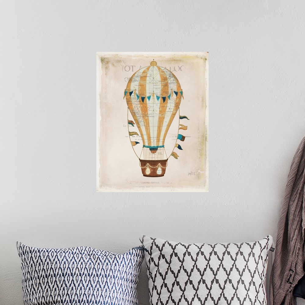 A bohemian room featuring Illustration of a colorful hot air balloon on a aged background with a faint map and writing.