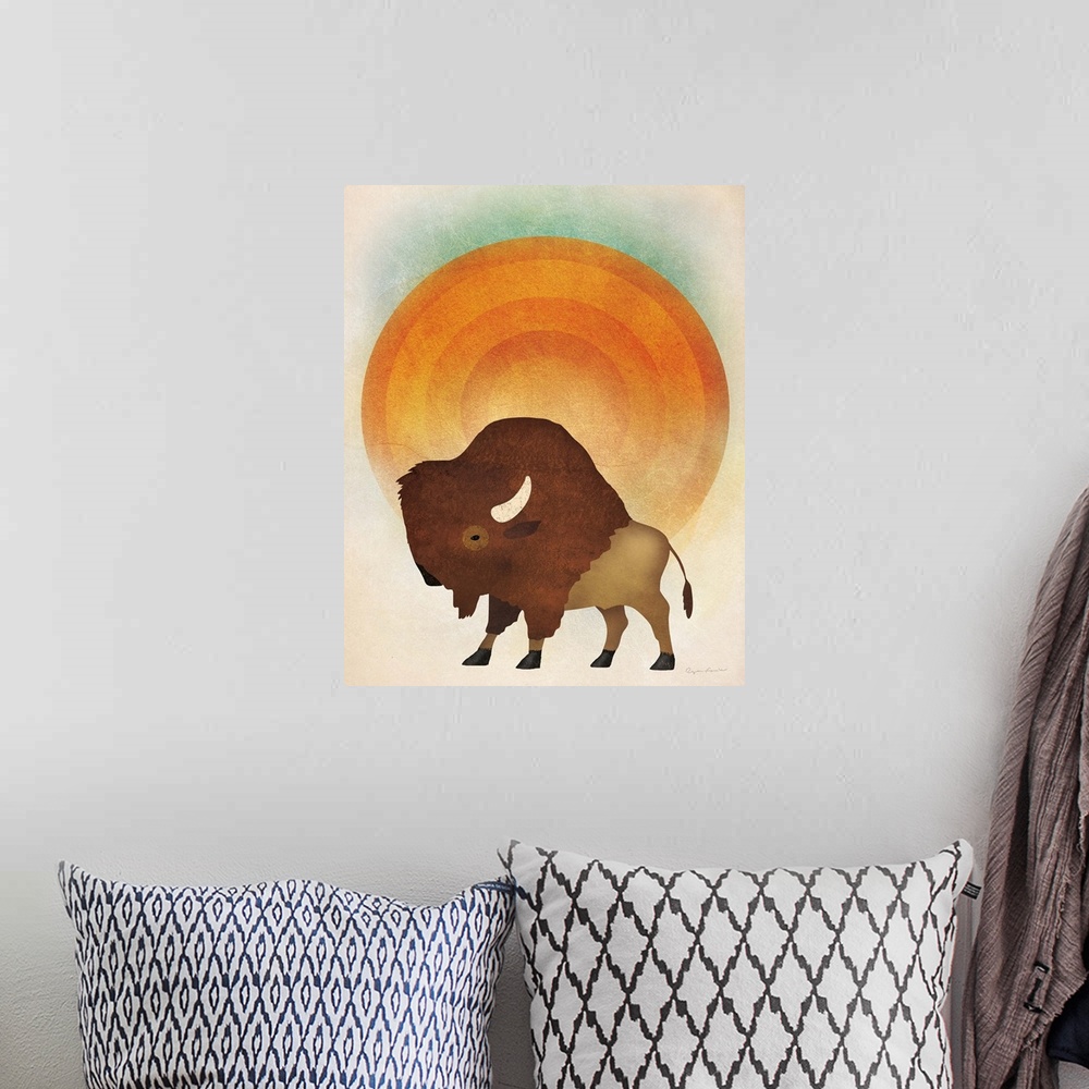 A bohemian room featuring Illustration of a bison in front of a giant orange sun.