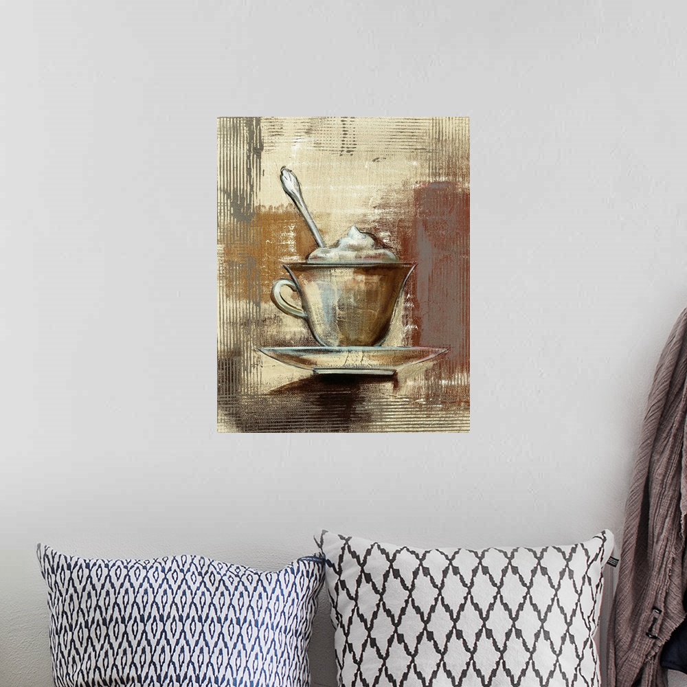 A bohemian room featuring Contemporary painting of a cup of coffee with whipped cream on top on a textured neutral colored ...