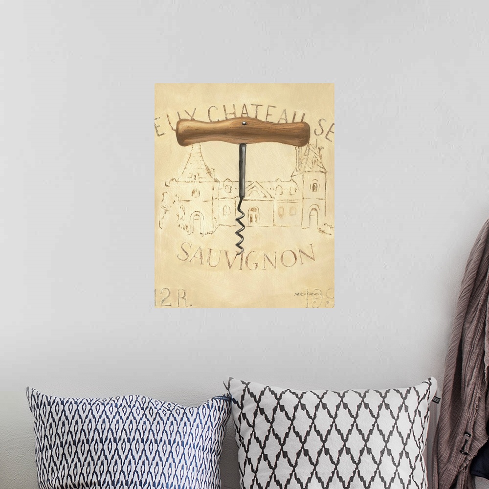 A bohemian room featuring Contemporary artwork of an old fashioned traditional corkscrew against a beige background.