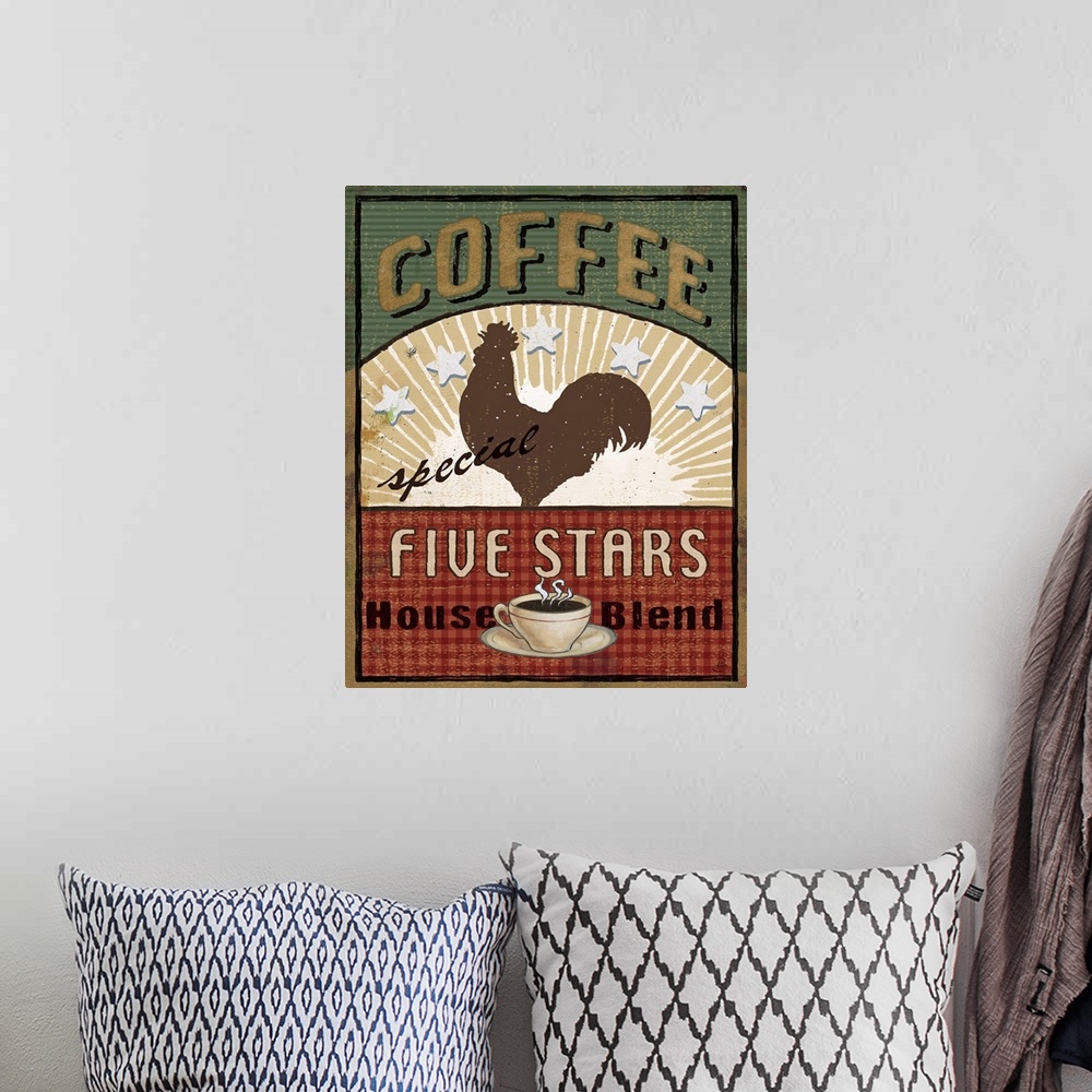 A bohemian room featuring Large print of a coffee advertisement with a rooster silhouette in the middle.