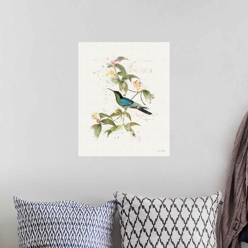 A bohemian room featuring Watercolor painting of a blue and green hummingbird perched on a branch with flowers and paint sp...