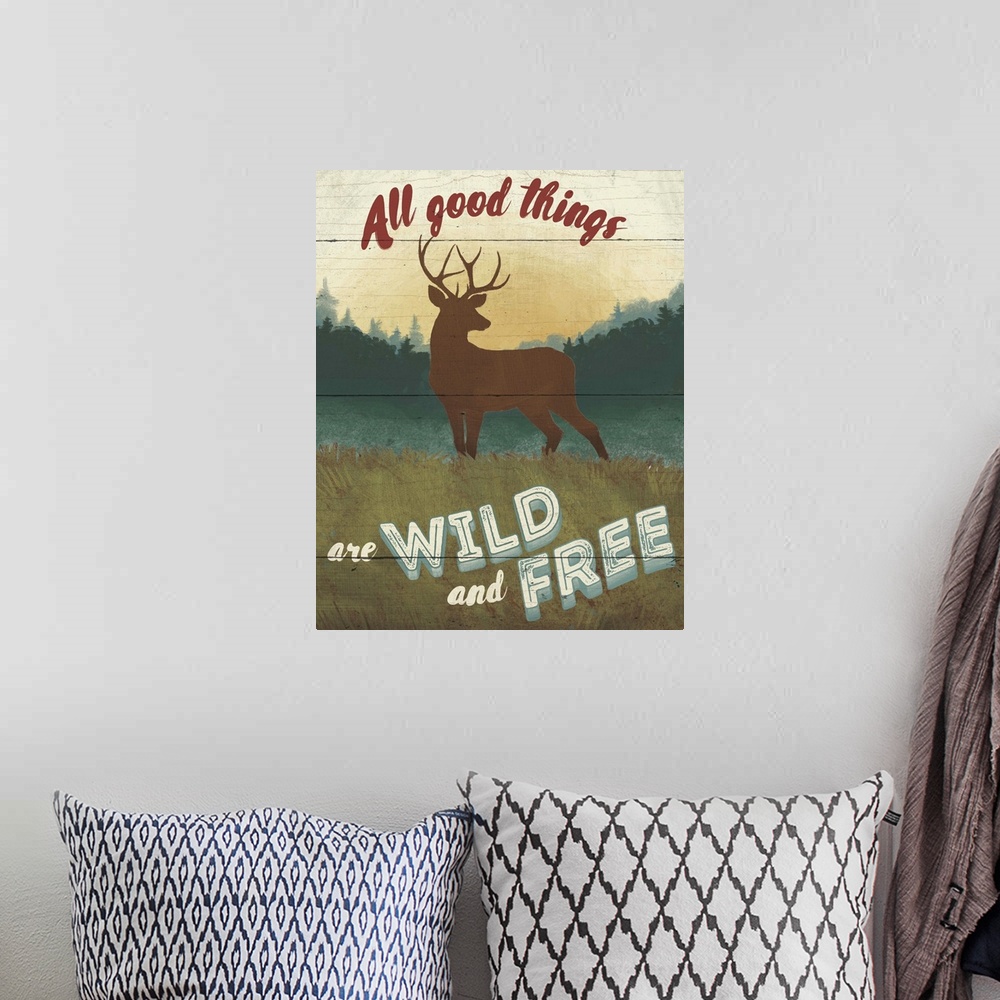 A bohemian room featuring "All good things are wild and free" over a minimalist image of a deer in the wilderness.