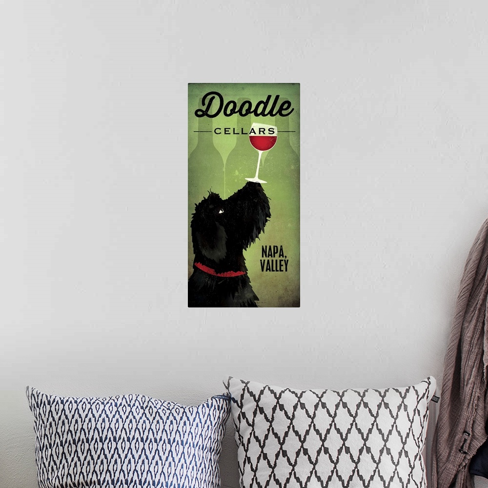 A bohemian room featuring Artwork of a black goldendoodle dog balancing a wine glass on his nose.