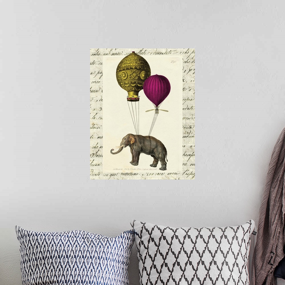 A bohemian room featuring Fun and whimsical, this elephant with vibrant colored balloons tied to its back makes fun and sty...
