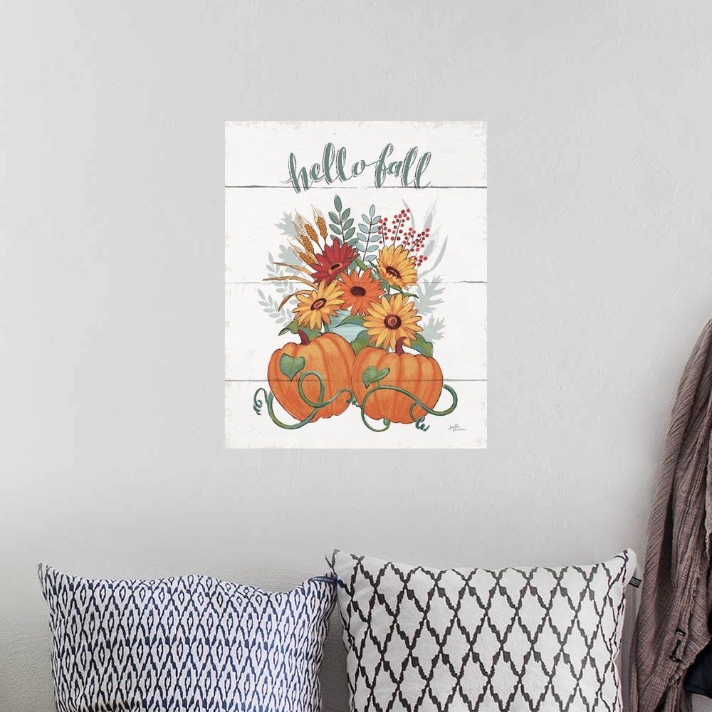 A bohemian room featuring "Hello Fall" with a pair of pumpkins and fall flowers on a white shiplap background.