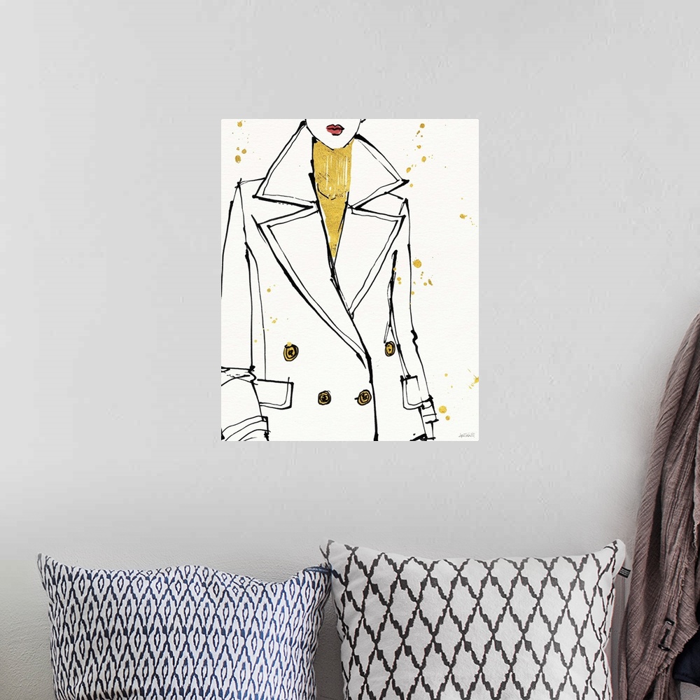 A bohemian room featuring Black and white fashion sketch of woman wearing a peacoat and a metallic gold turtleneck.