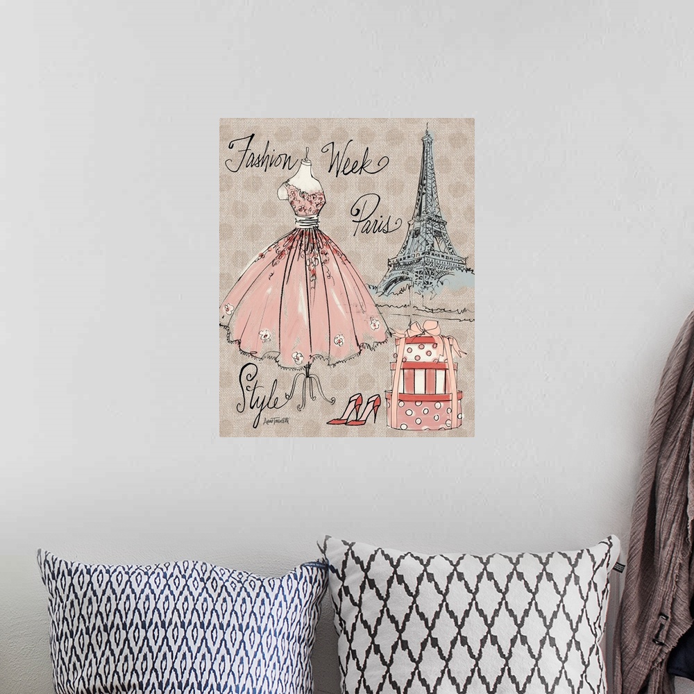 A bohemian room featuring Stylized contemporary Paris fashion art.