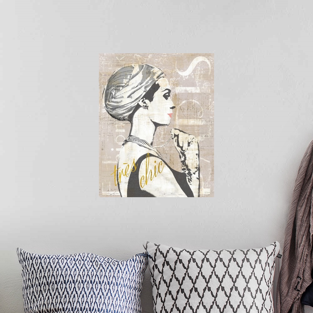 A bohemian room featuring Paris Fashion Week collage in gray, black, and white with "tr?s chic" written in gold a sparkle f...