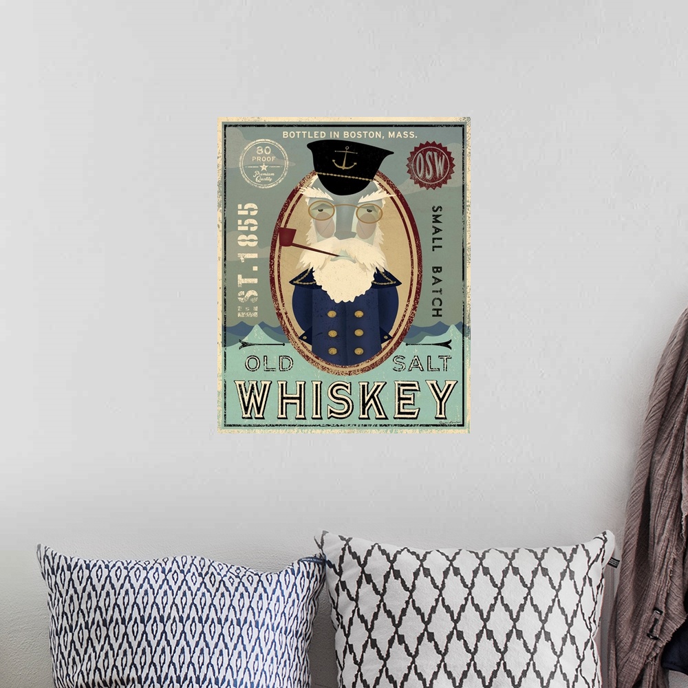 A bohemian room featuring Contemporary artwork of an illustrative fisherman's whisky advertisement.