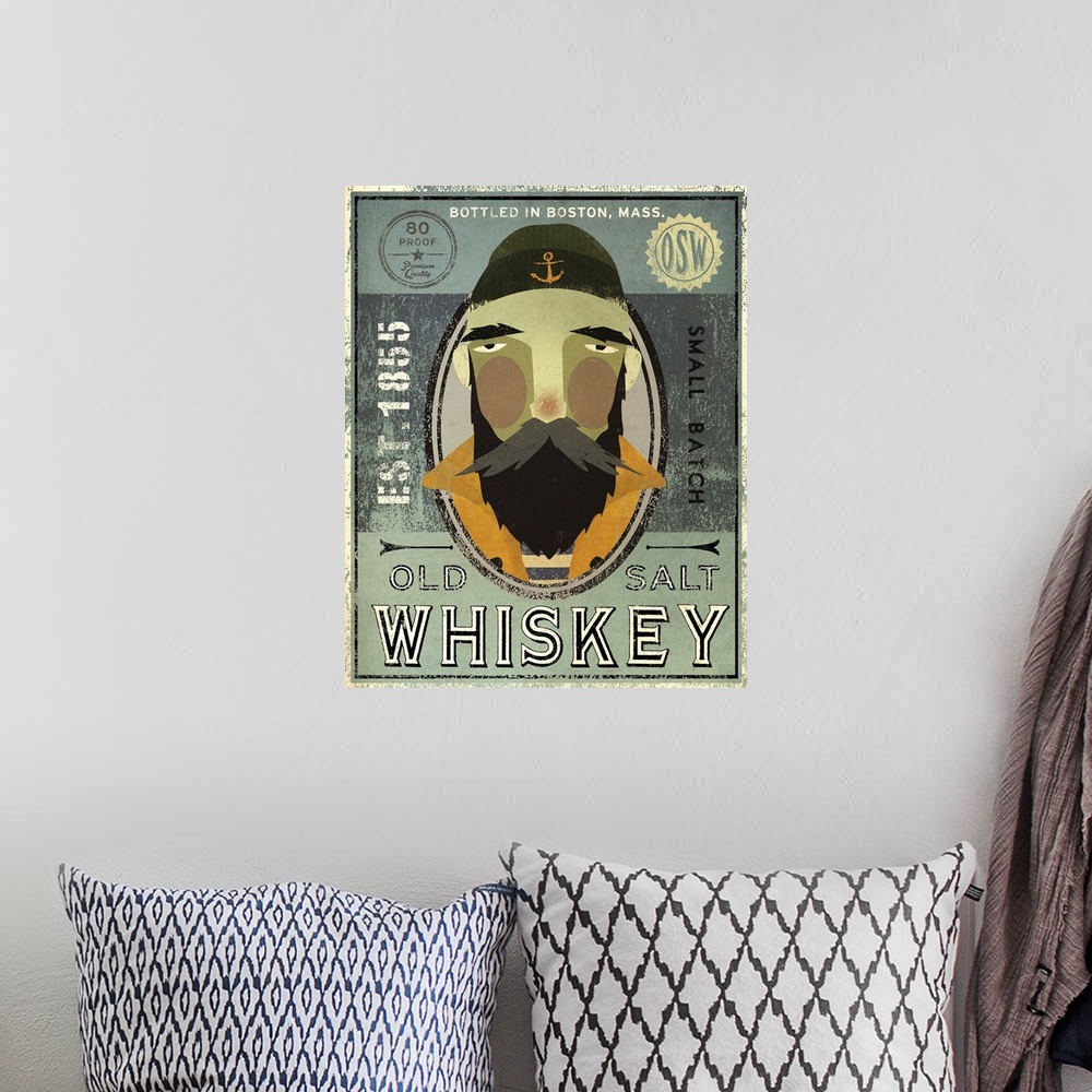 A bohemian room featuring Contemporary artwork of an illustrative fisherman's whisky advertisement.