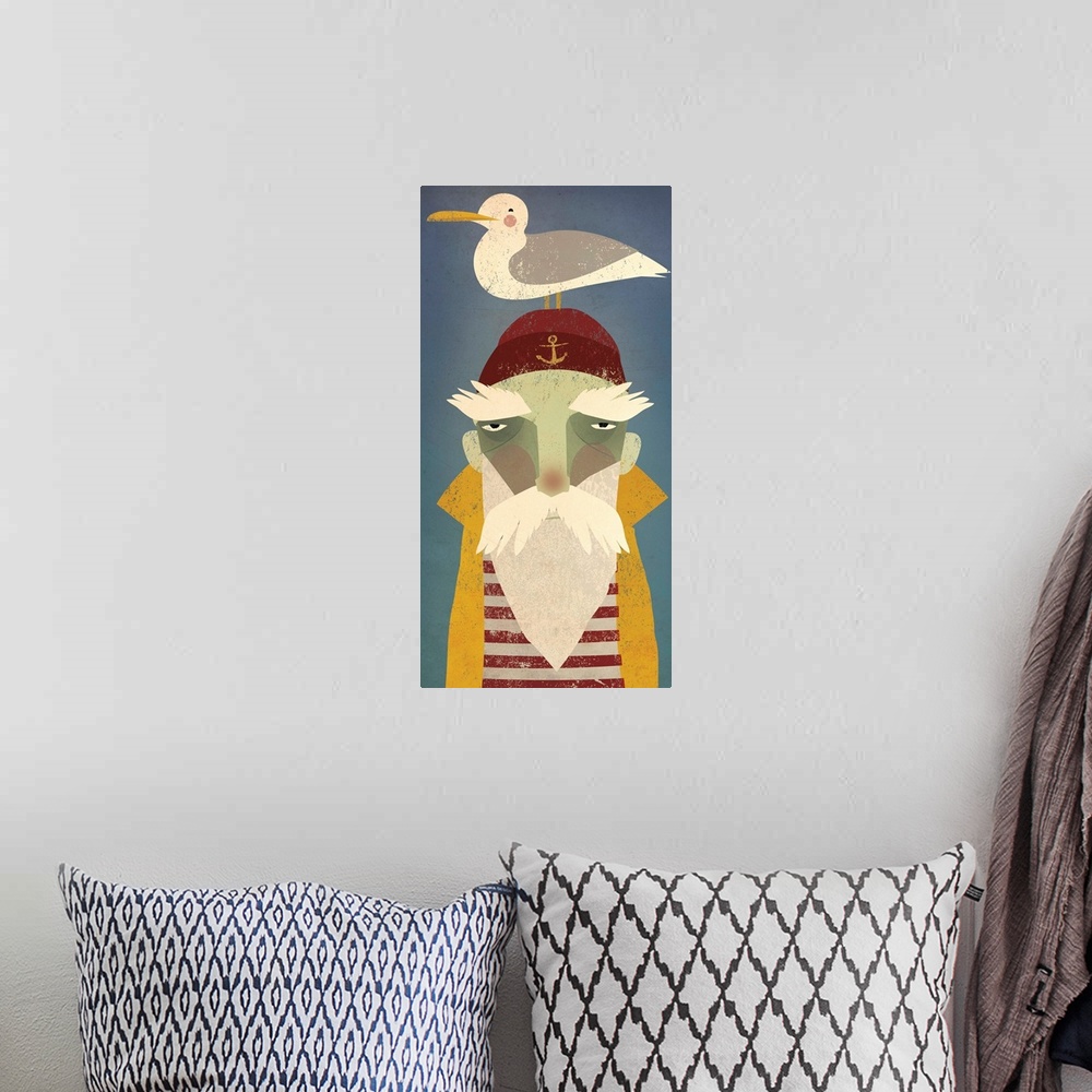 A bohemian room featuring Artwork of a sailor with a white beard and a seagull on his head.