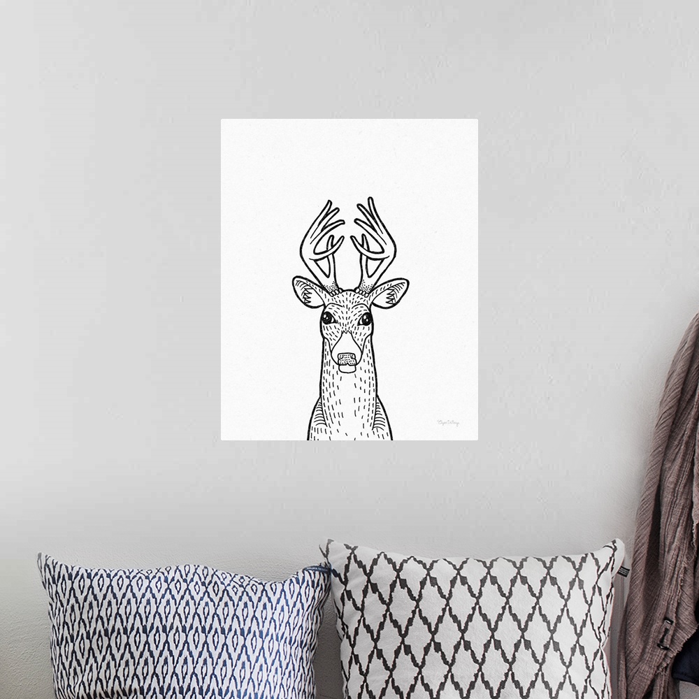 A bohemian room featuring A black and white illustration of a deer on a textured white background.