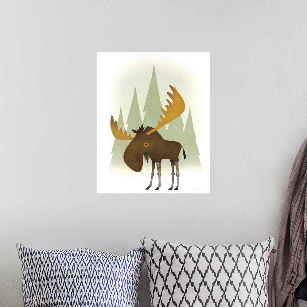 A bohemian room featuring Illustration of a moose in front of green trees.