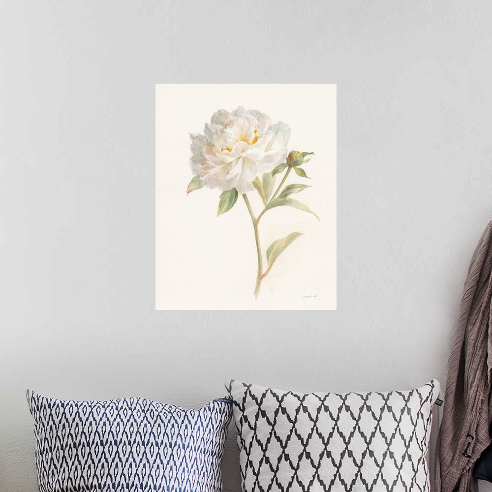 A bohemian room featuring Contemporary artwork of watercolor garden flower over a soft textured background.