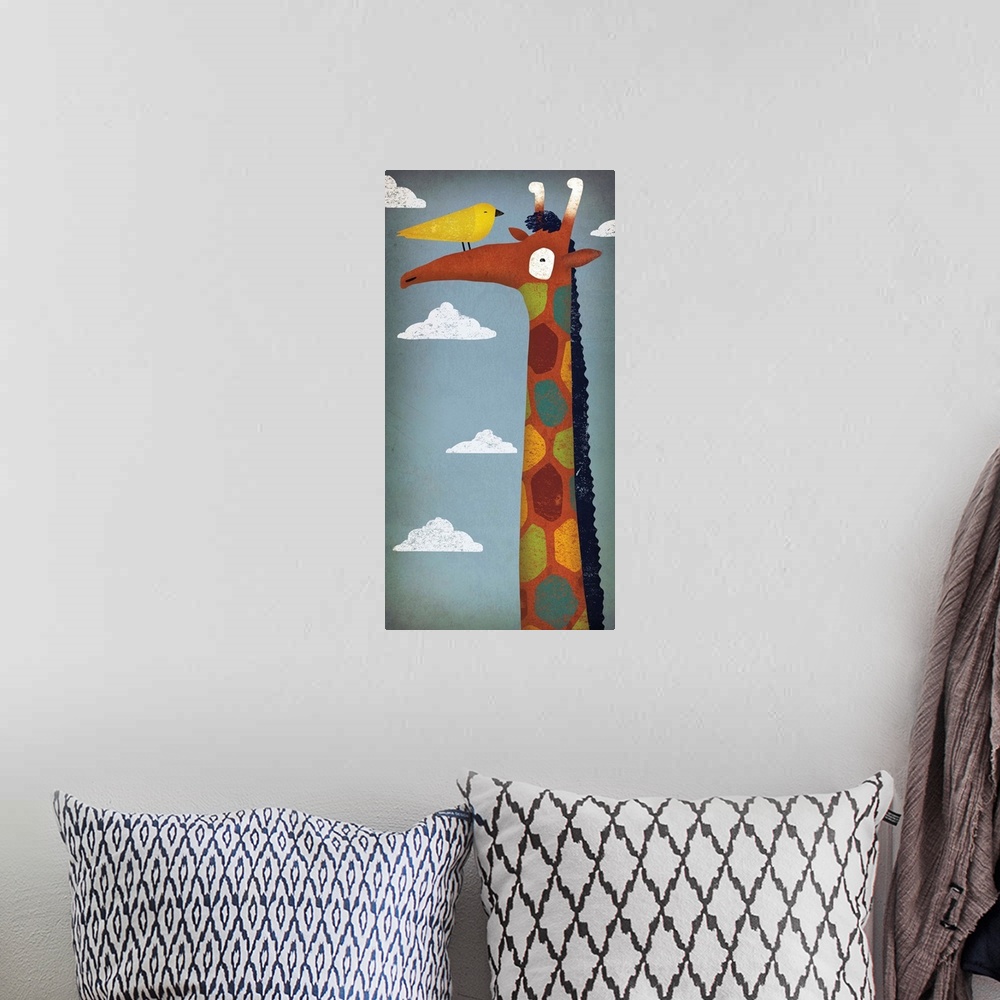 A bohemian room featuring Cute illustration of a giraffe with colorful spots and a yellow bird on its nose.