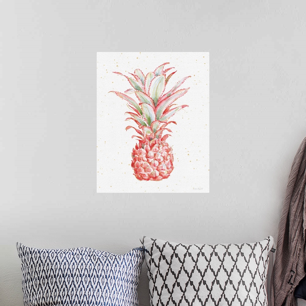 A bohemian room featuring A tropical watercolor painting of a pink pineapple with metallic gold highlights and dots.