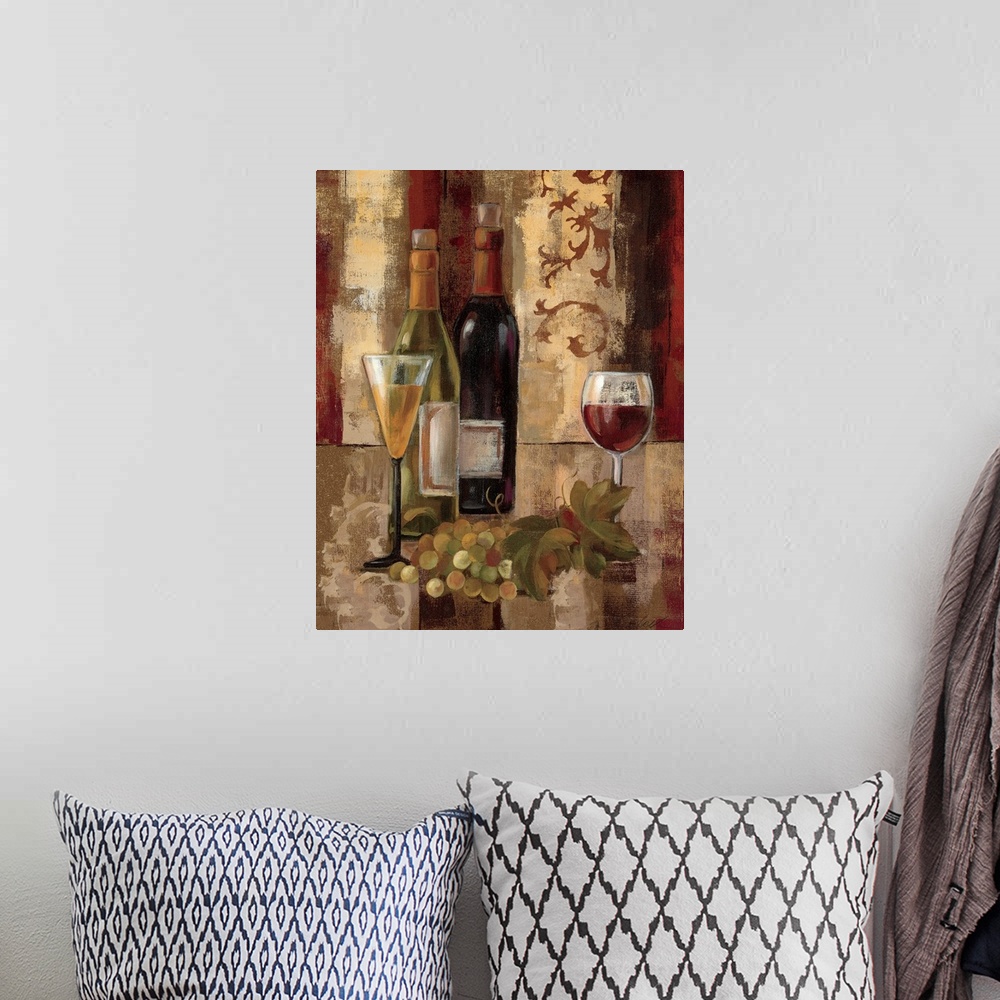 A bohemian room featuring Decorative painting of a still life of two wine bottles and glasses of red and white wine, next t...