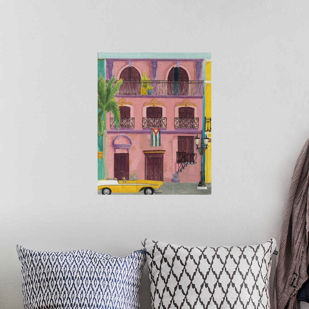 A bohemian room featuring Vertical contemporary painting of a colorful pink building in Havana with a yellow vintage car pa...