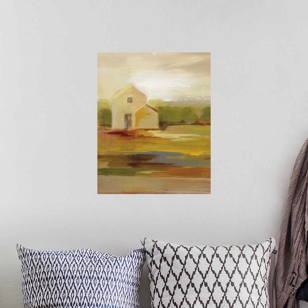 A bohemian room featuring Contemporary painting of a barn with a colorful landscape made with an impressionist style.
