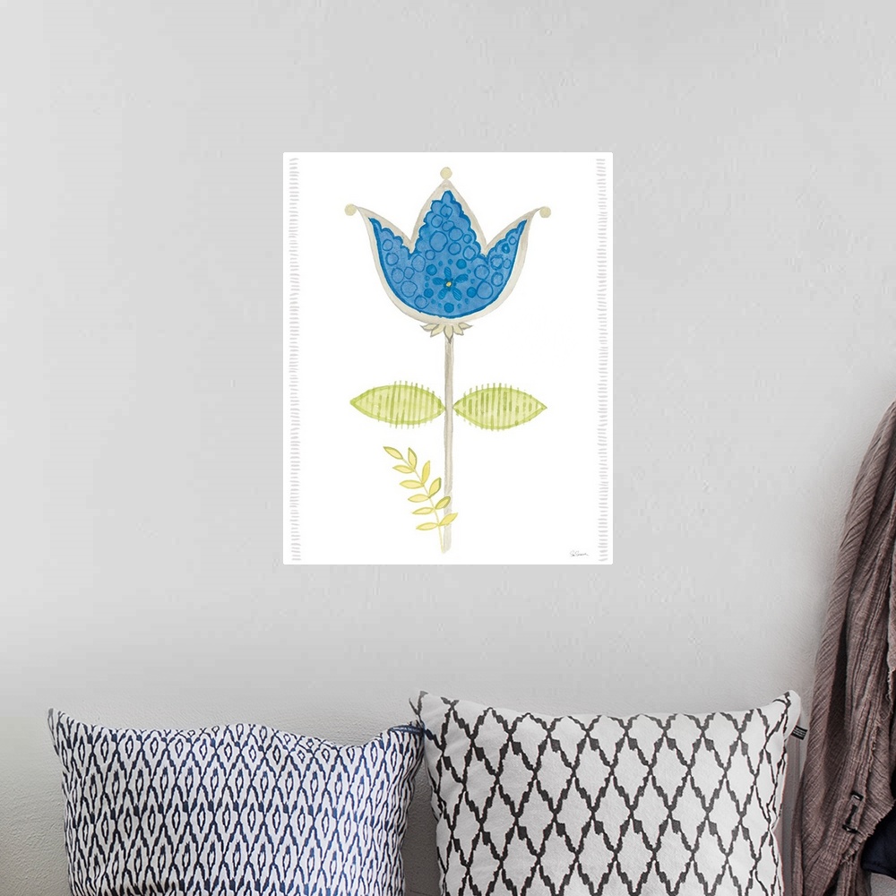 A bohemian room featuring Modern interpretation of a blue flower in a watercolor style.