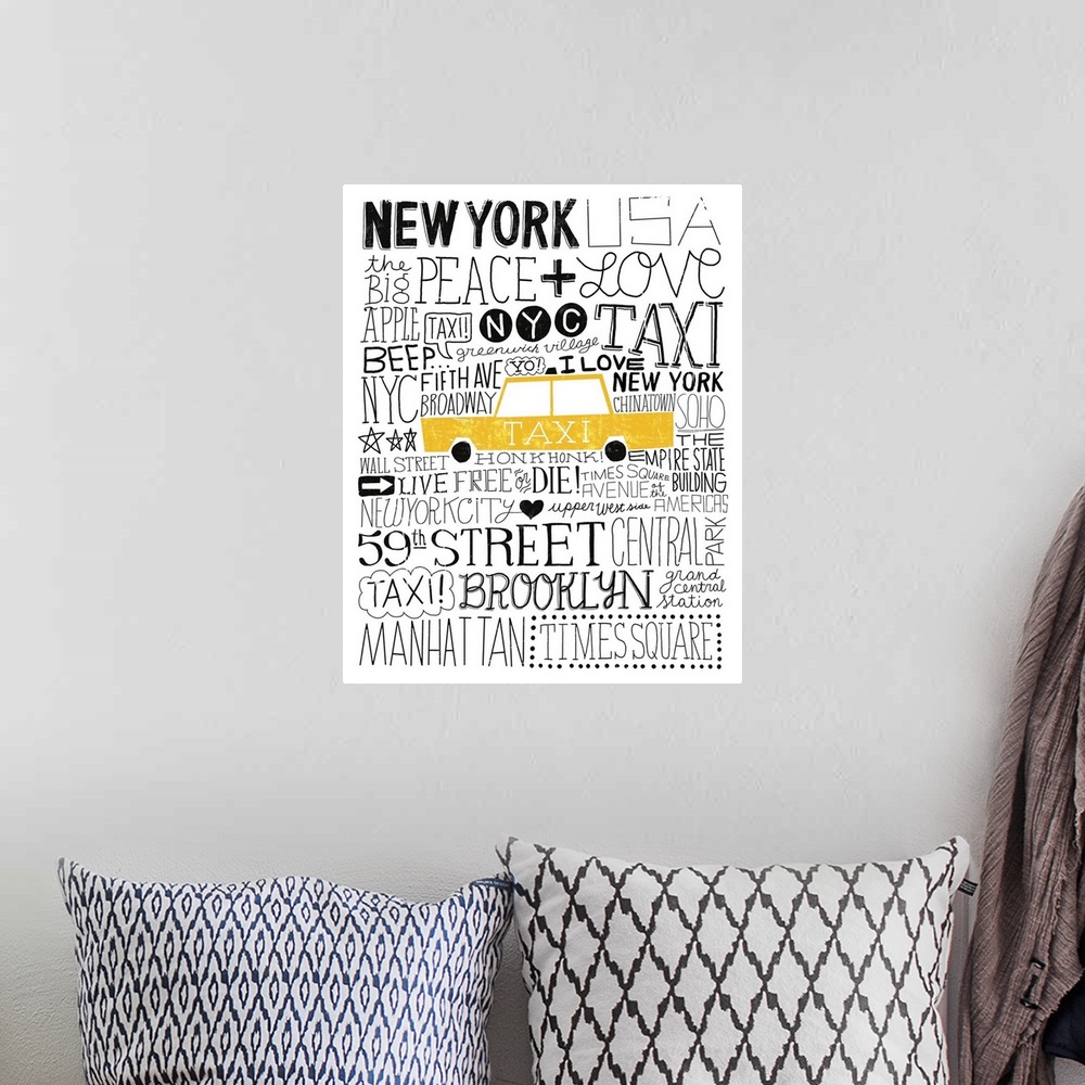 A bohemian room featuring A creative design of a yellow taxi cab with words related to the city of New York all around it.