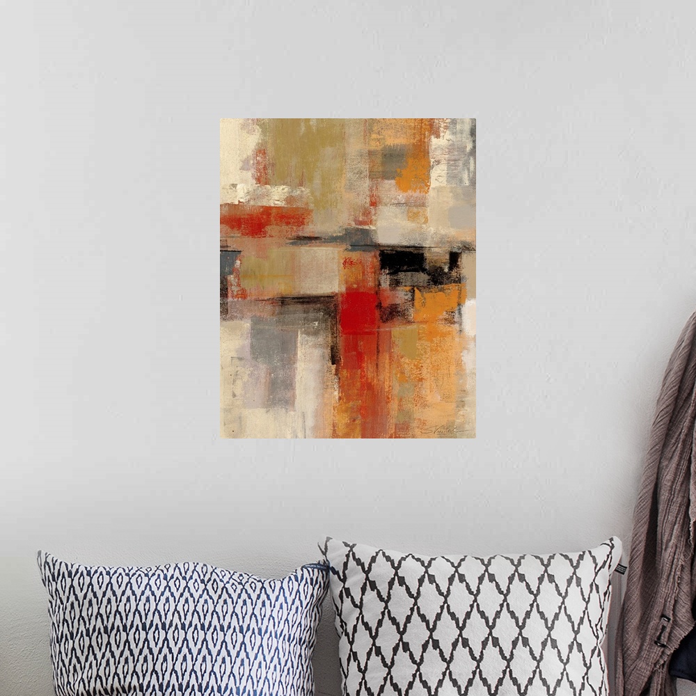 A bohemian room featuring Abstract painting with muted and warm color boxes with infinity edges.