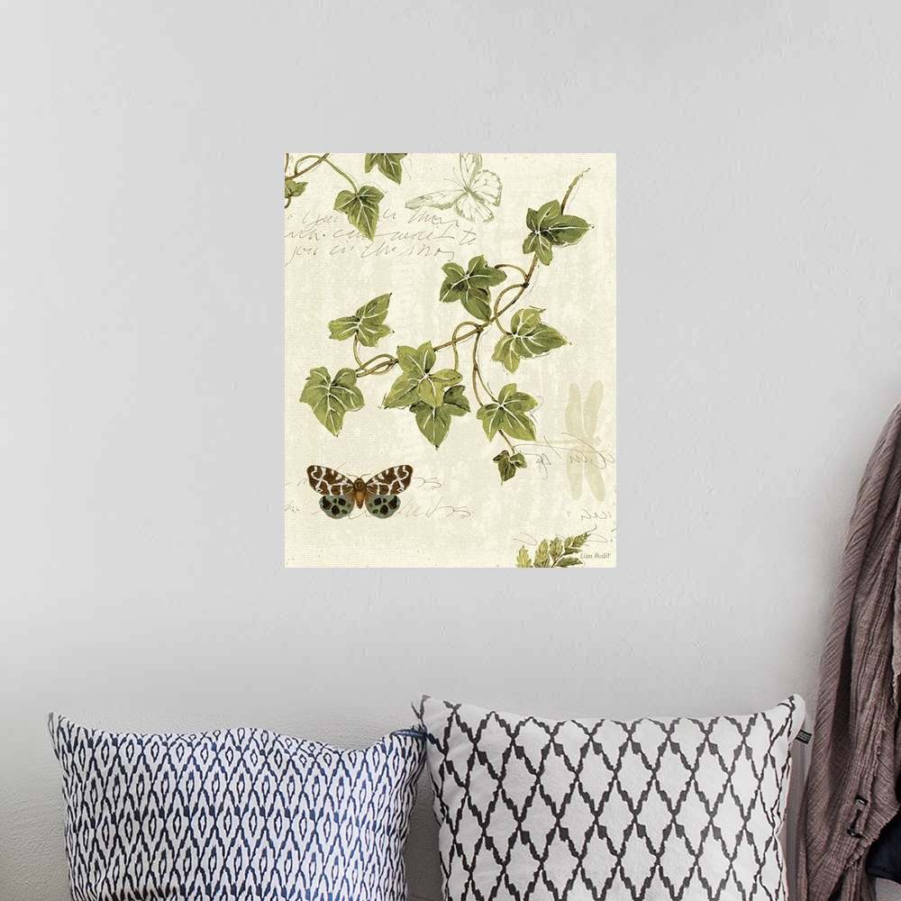 A bohemian room featuring Botanical illustration featuring green ivy twigs and butterflys on a neutral background with curs...