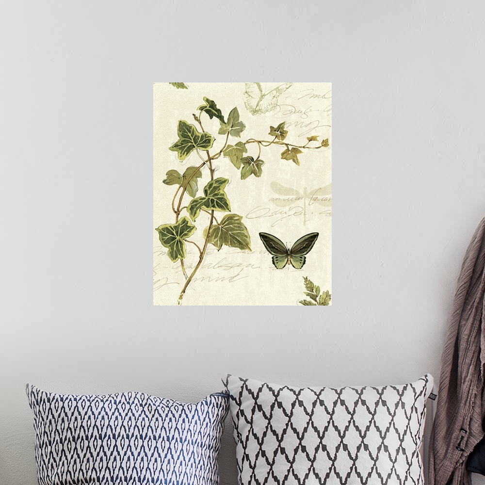A bohemian room featuring Large painting of leaves with writing and butterflies on top of a washed out background.