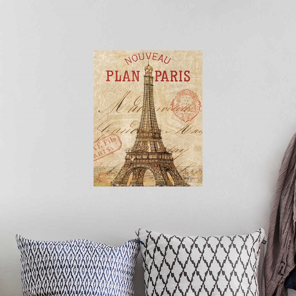 A bohemian room featuring Big illustration portrays a vintage postcard from France that includes the famous landmark found ...