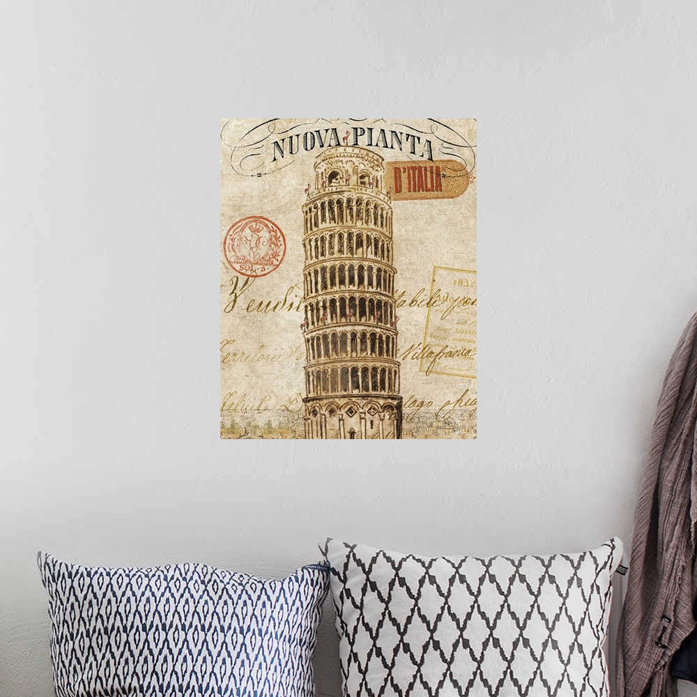 A bohemian room featuring Wall docor featuring a vintage postcard design of the Leaning Tower of Pisa.