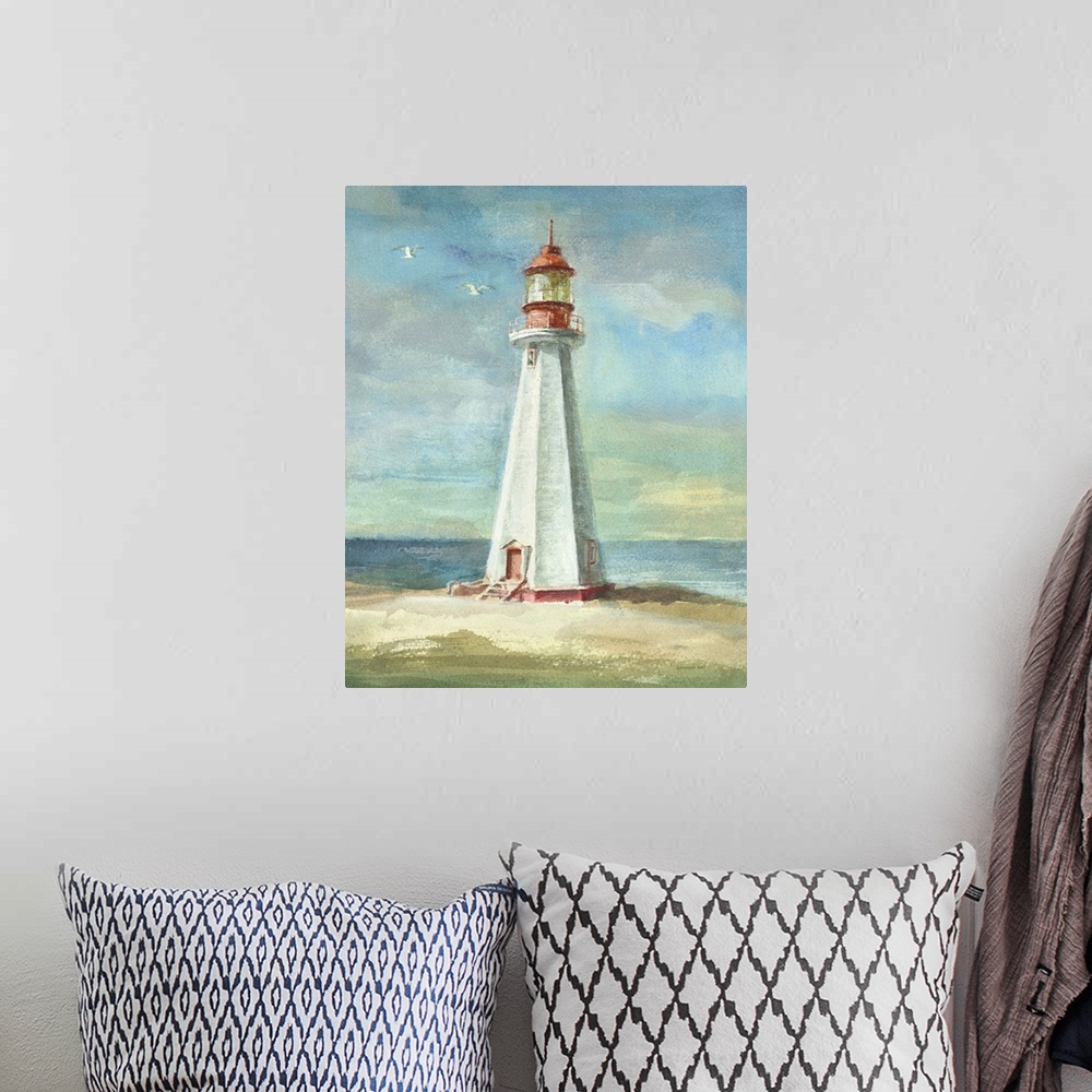 A bohemian room featuring Contemporary artwork of a white lighthouse on the coast.