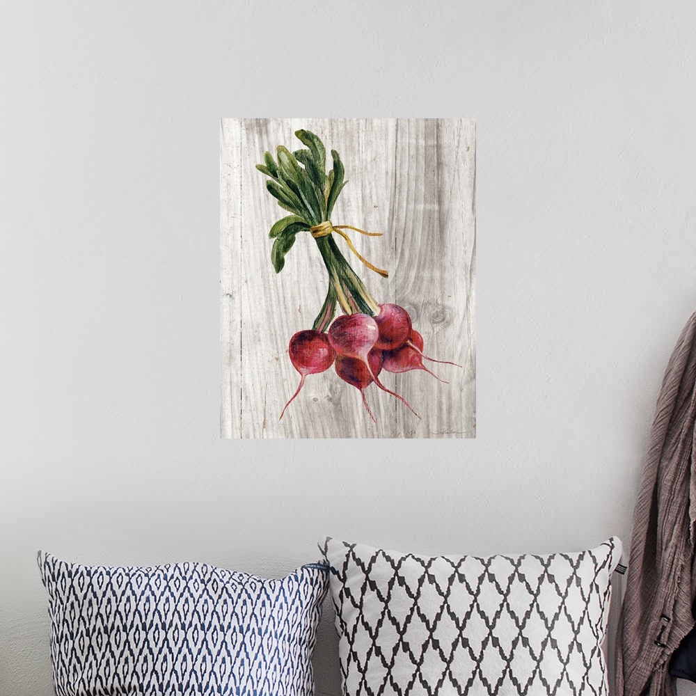 A bohemian room featuring Rustic painting of a bundle of radishes on a white and gray wooden background.