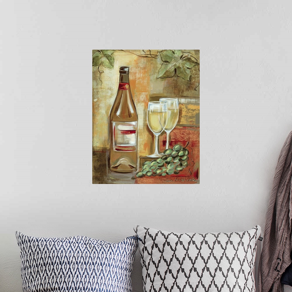 A bohemian room featuring Oversized vertical painting of a wine bottle next to two glasses of white wine and a bunch of gra...