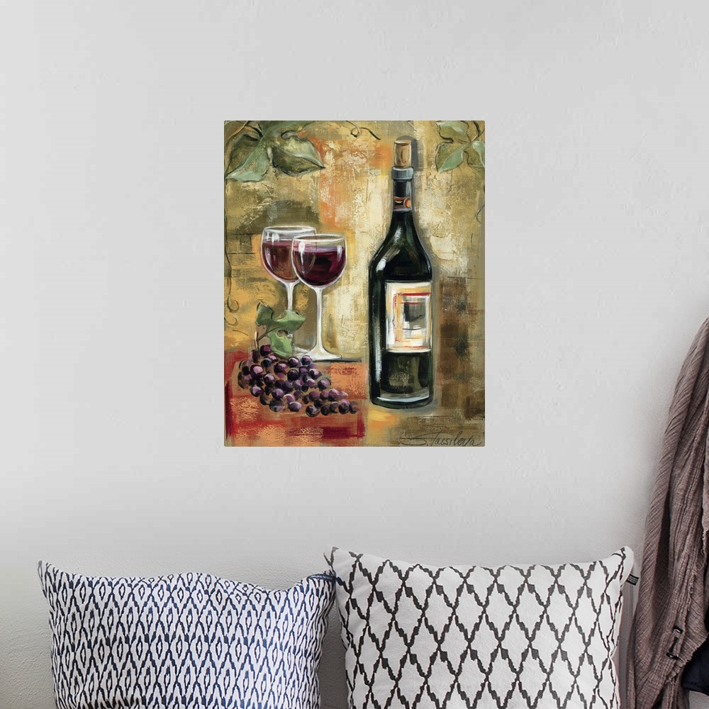 A bohemian room featuring Large, vertical home art docor of a bottle of wine sitting next to two full glasses and a bunch o...