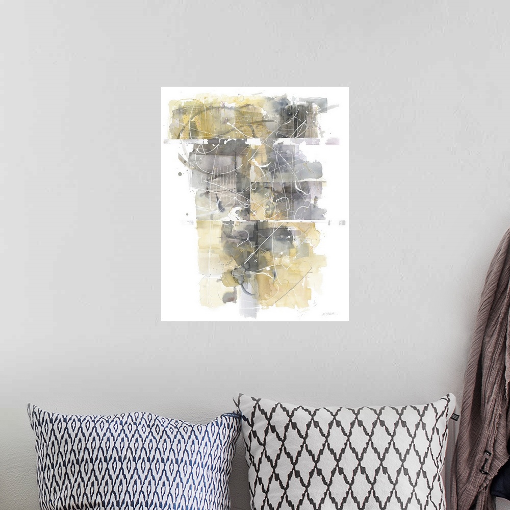 A bohemian room featuring Large busy abstract painting in shades of grey and yellow.
