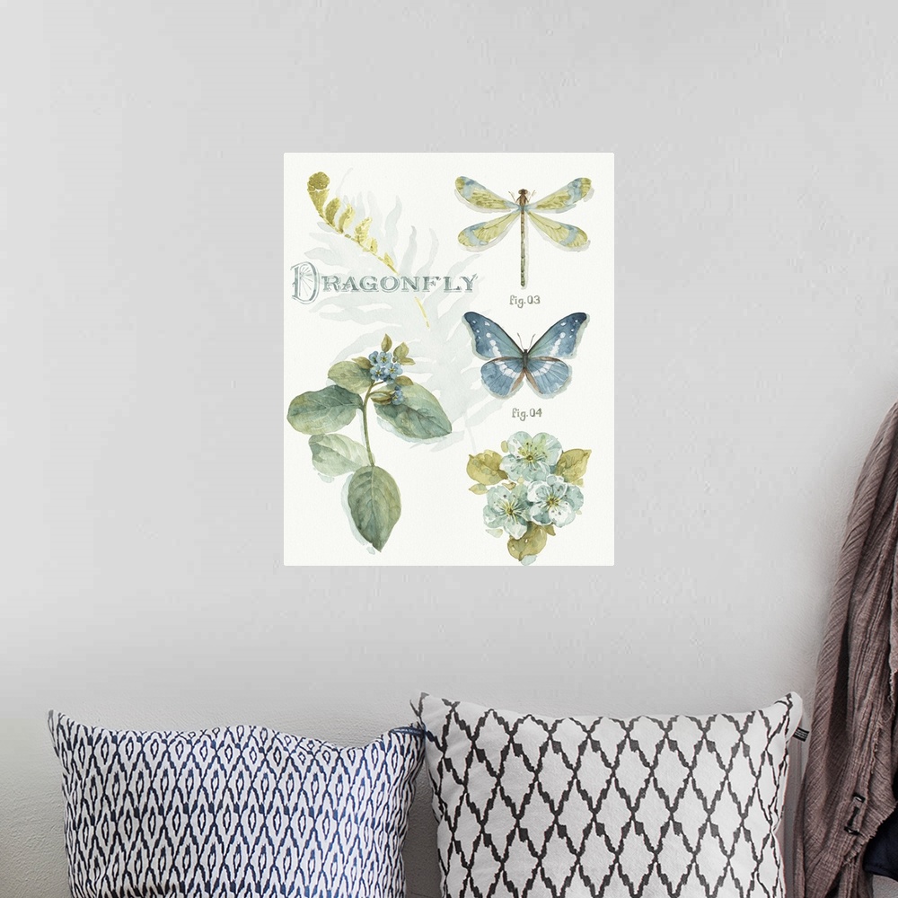 A bohemian room featuring Watercolor painting of a butterfly and a dragonfly with blue flowers and fern leaves.