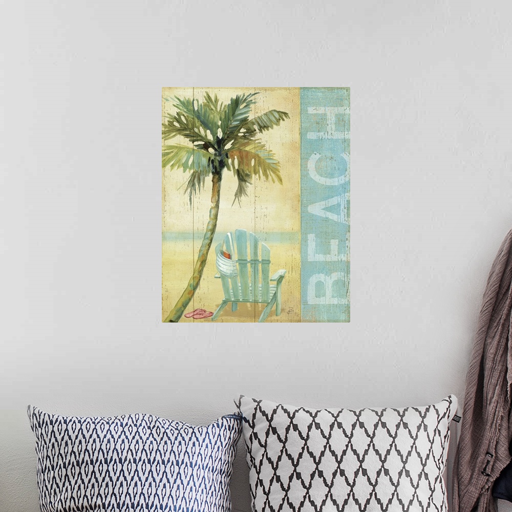 A bohemian room featuring The piece has a wooden panel texture with a single palm tree and beach chair that has a bag hangi...