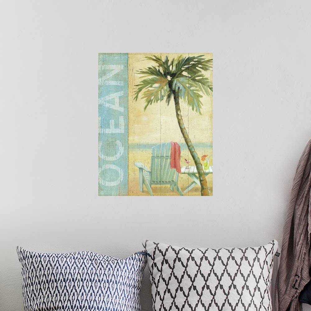 A bohemian room featuring Artwork of beach chair and table on the shoreline with a palm tree in the foreground.  The text "...