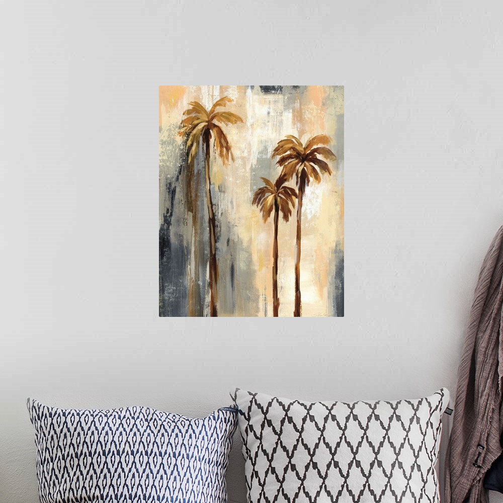A bohemian room featuring Abstract painting of neutral colored palm trees with a gray, black, yellow, and orange layered ba...