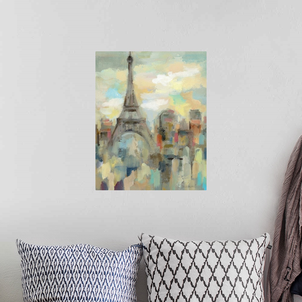 A bohemian room featuring Cityscape painting of Paris, France painted in an impressionistic style with the Eiffel Tower on ...