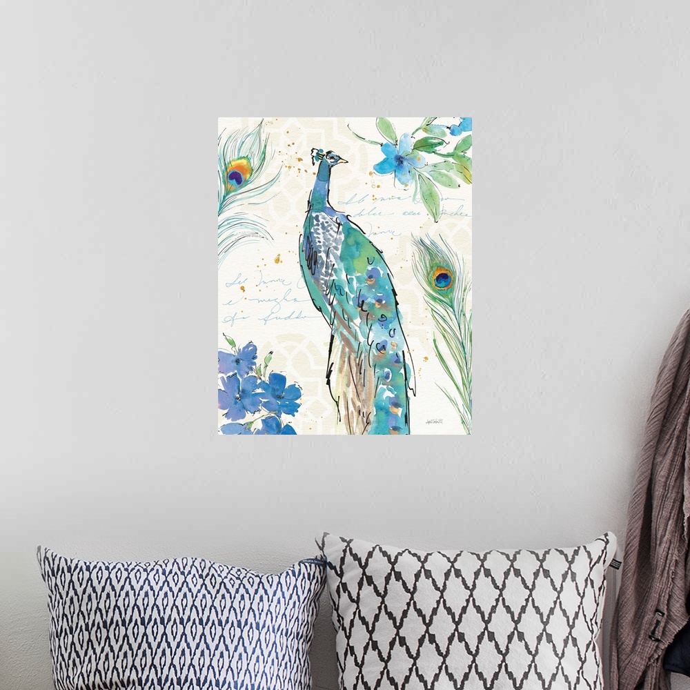 A bohemian room featuring Watercolor painting of a peacock surrounded by peacock feathers and blue flowers on a neutral col...