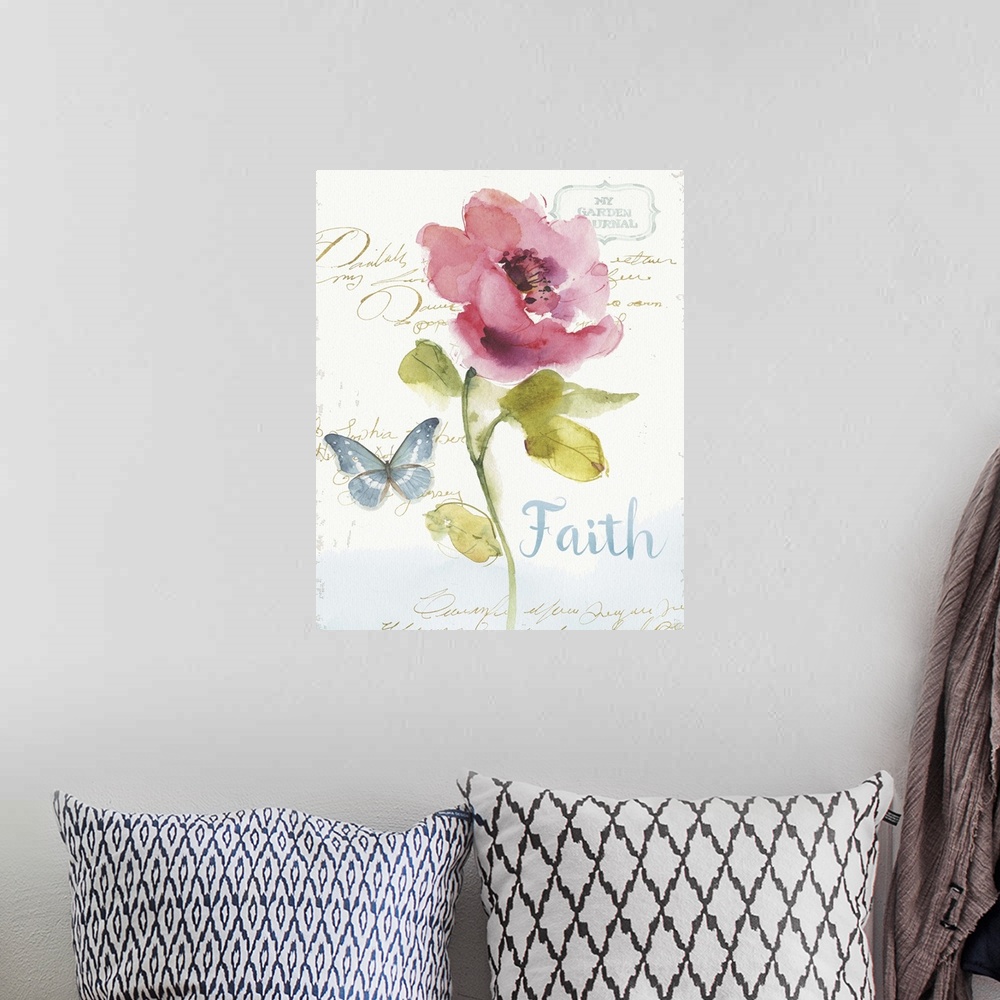 A bohemian room featuring Watercolor painting of a pink flower and a blue butterfly with the word "Faith" written in blue a...
