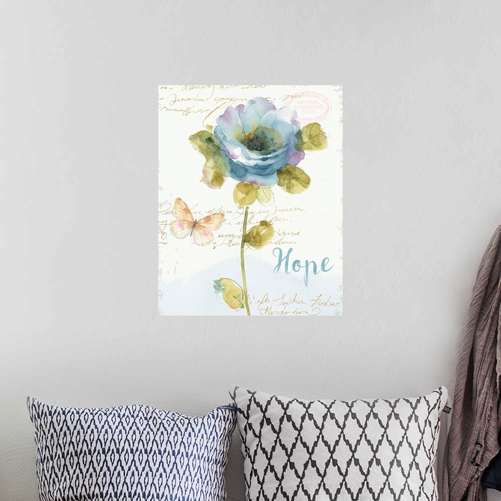 A bohemian room featuring Watercolor painting of a blue and purple toned flower and a butterfly with the word "Hope" writte...