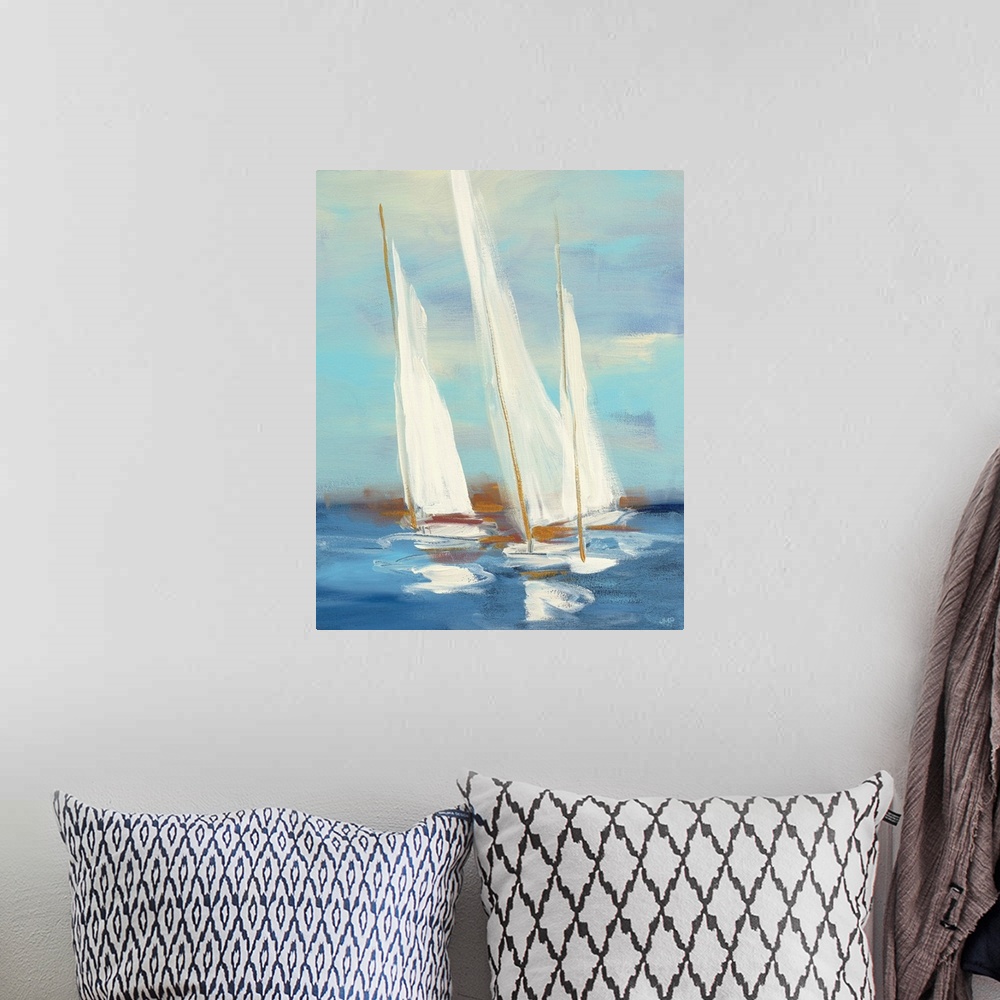 A bohemian room featuring Painting of sailboats in a regatta.