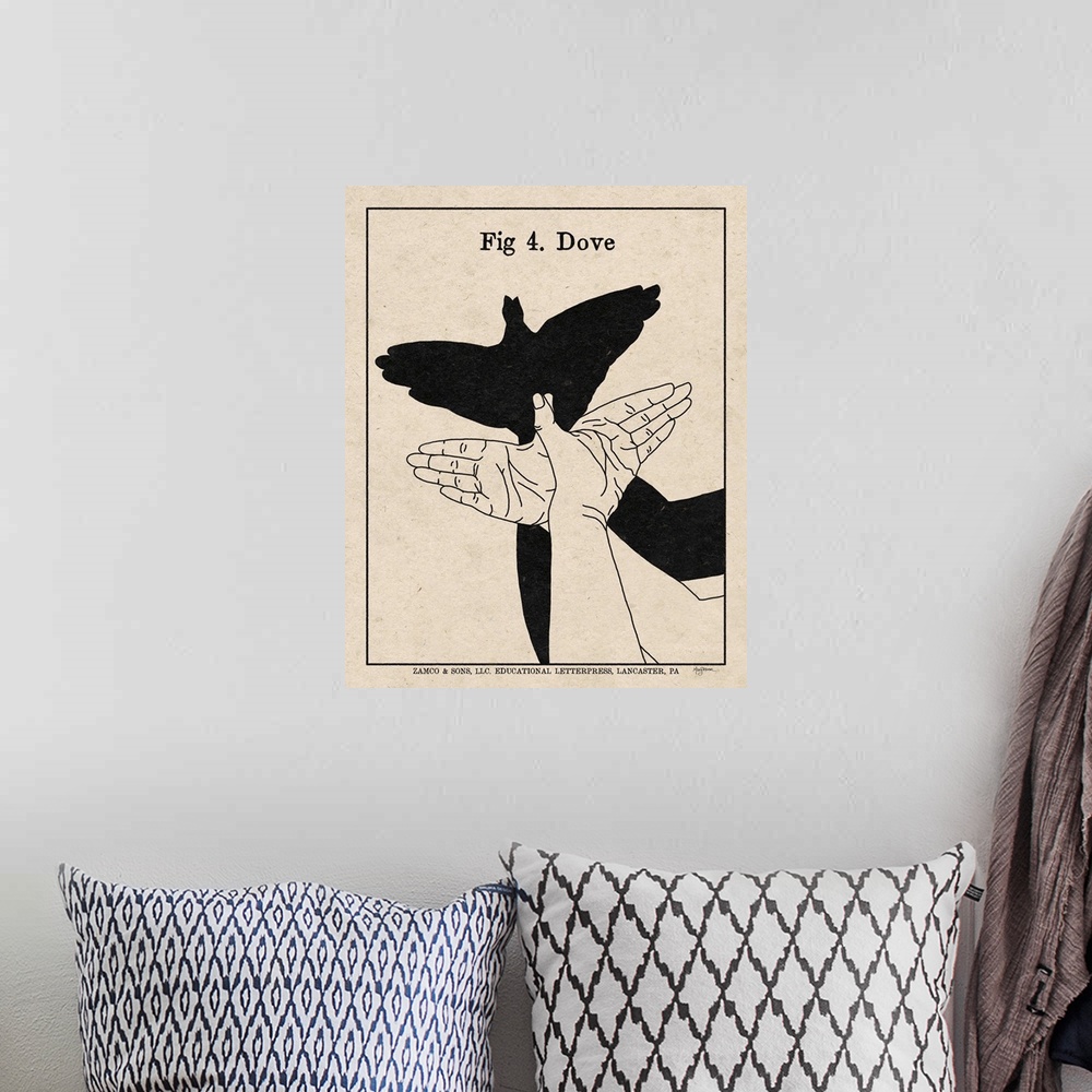 A bohemian room featuring Instructional illustration of a dove hand shadow puppet.