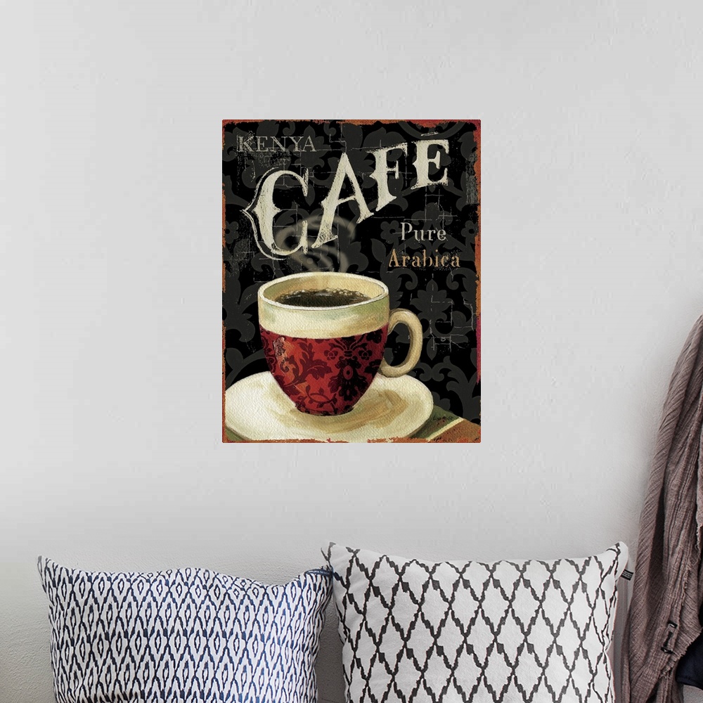 A bohemian room featuring Docor perfect for the kitchen of a large cup of coffee with an antiqued background and the word "...