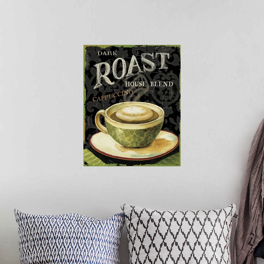 A bohemian room featuring Big painting on canvas of a cappuccino with text at the top.