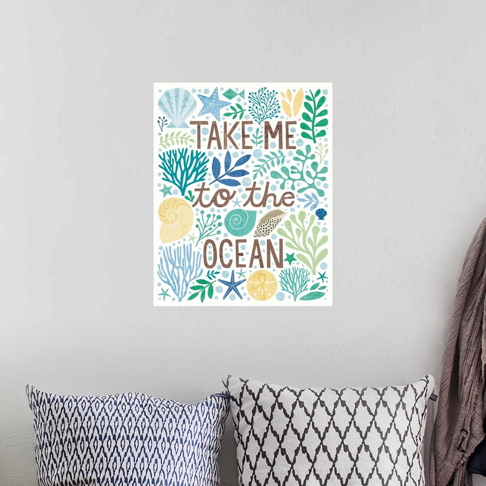A bohemian room featuring Beach themed illustration with seashells, coral, starfish, and various saltwater plants.